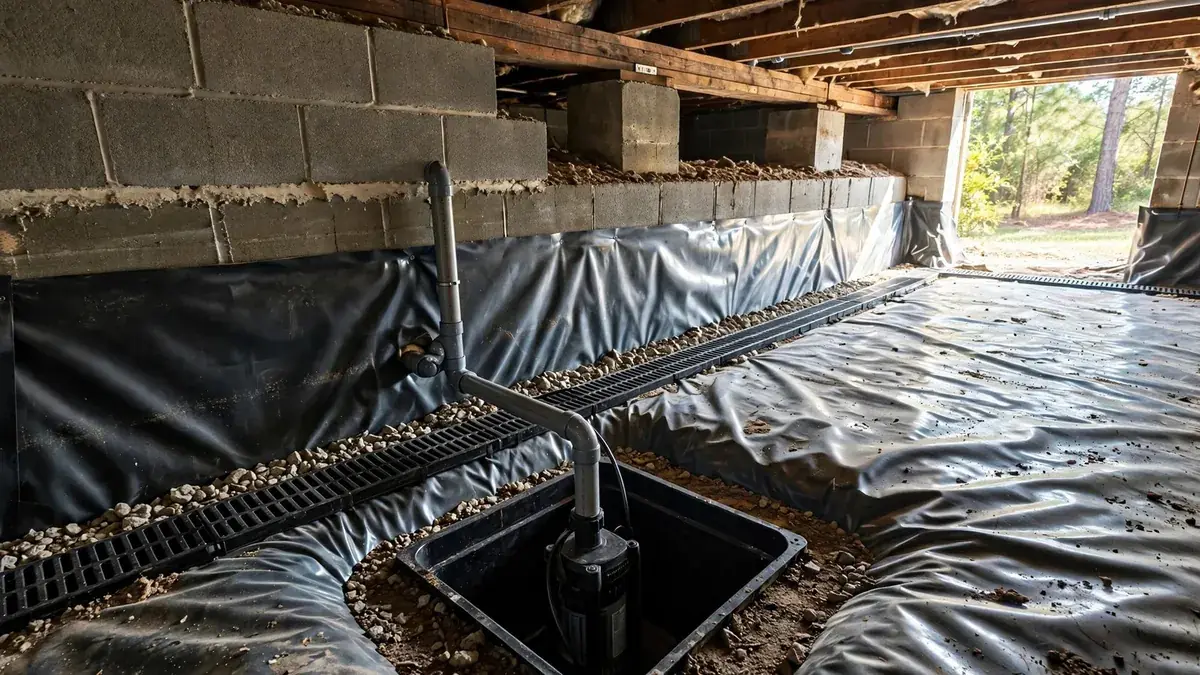 Crawl space with a vapor barrier liner, drainage channel and sump pit