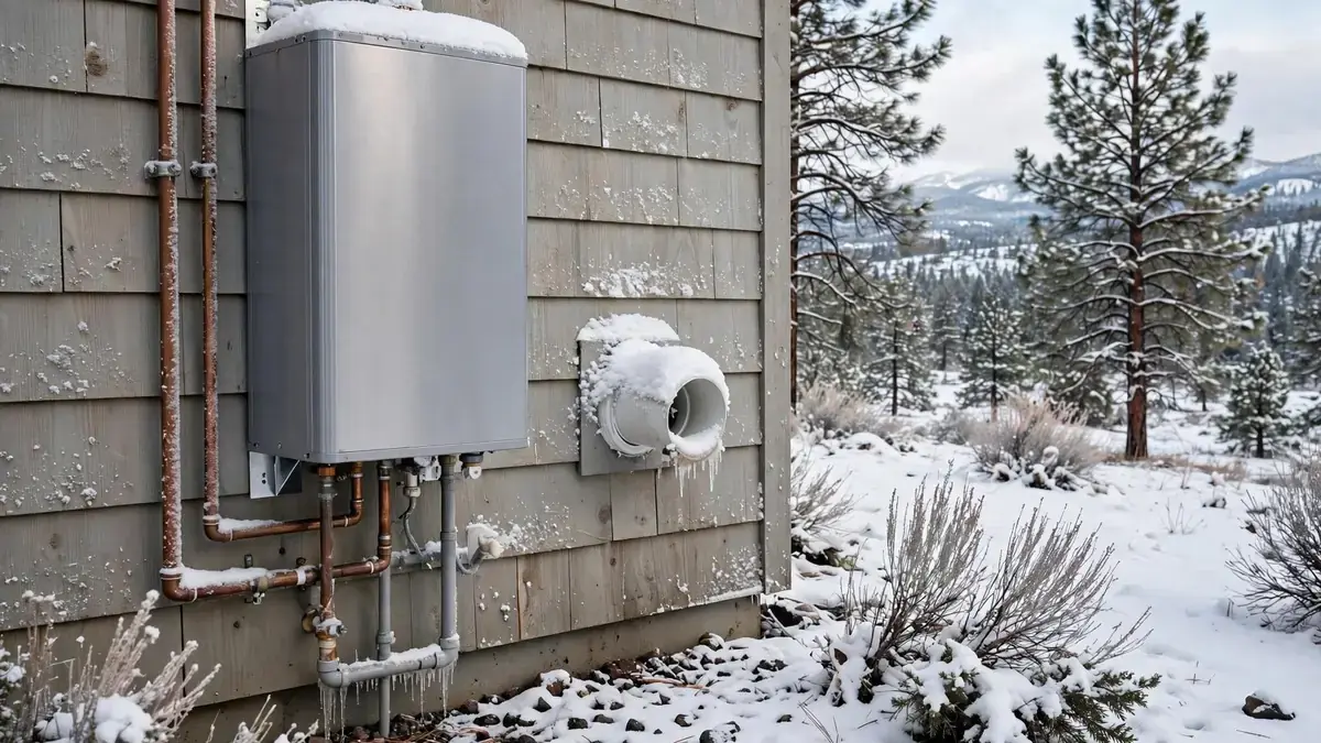 Outdoor tankless water heater on a wall covered in snow and frost