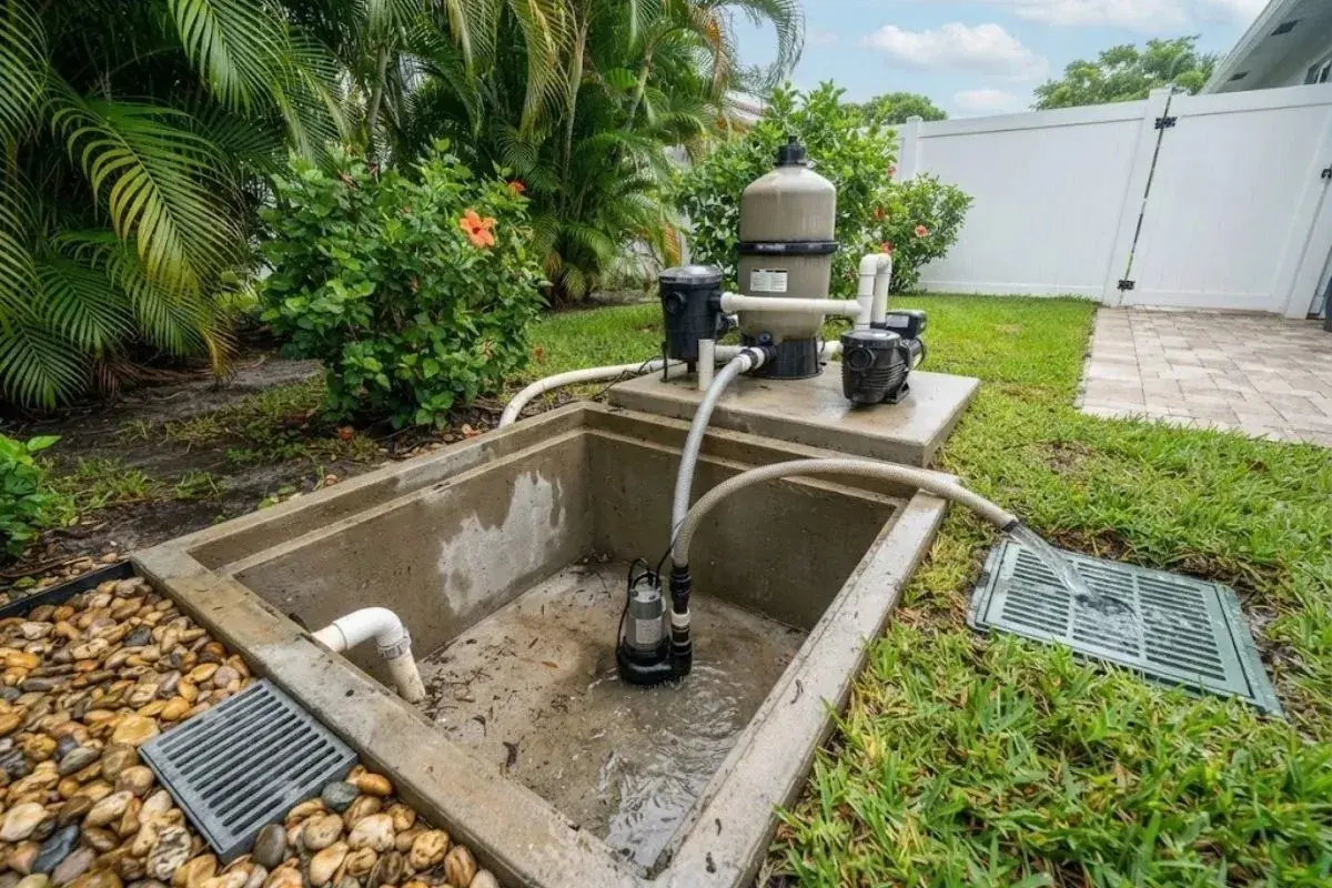 Submersible pump in an outdoor concrete drainage pit with discharge hose and drain grate