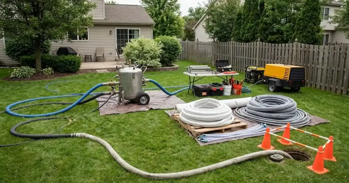 Pipe lining equipment, hoses and cones laid out on a backyard lawn beside a sewer access