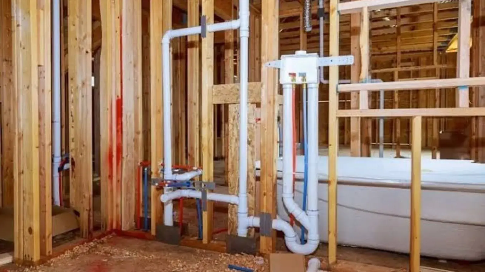 Rough in plumbing with white drain pipes and supply lines in a framed bathroom