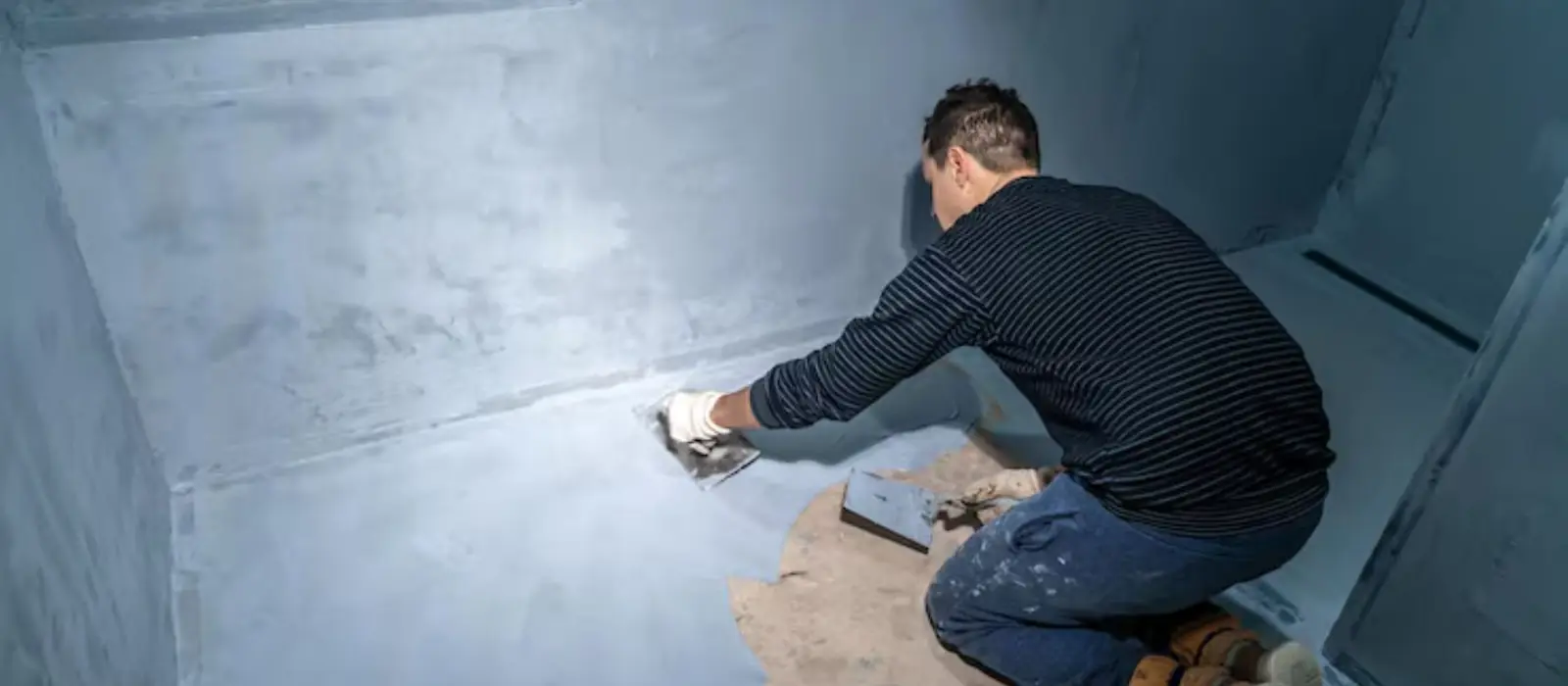 Worker applying blue waterproof coating to a basement wall and floor with a trowel