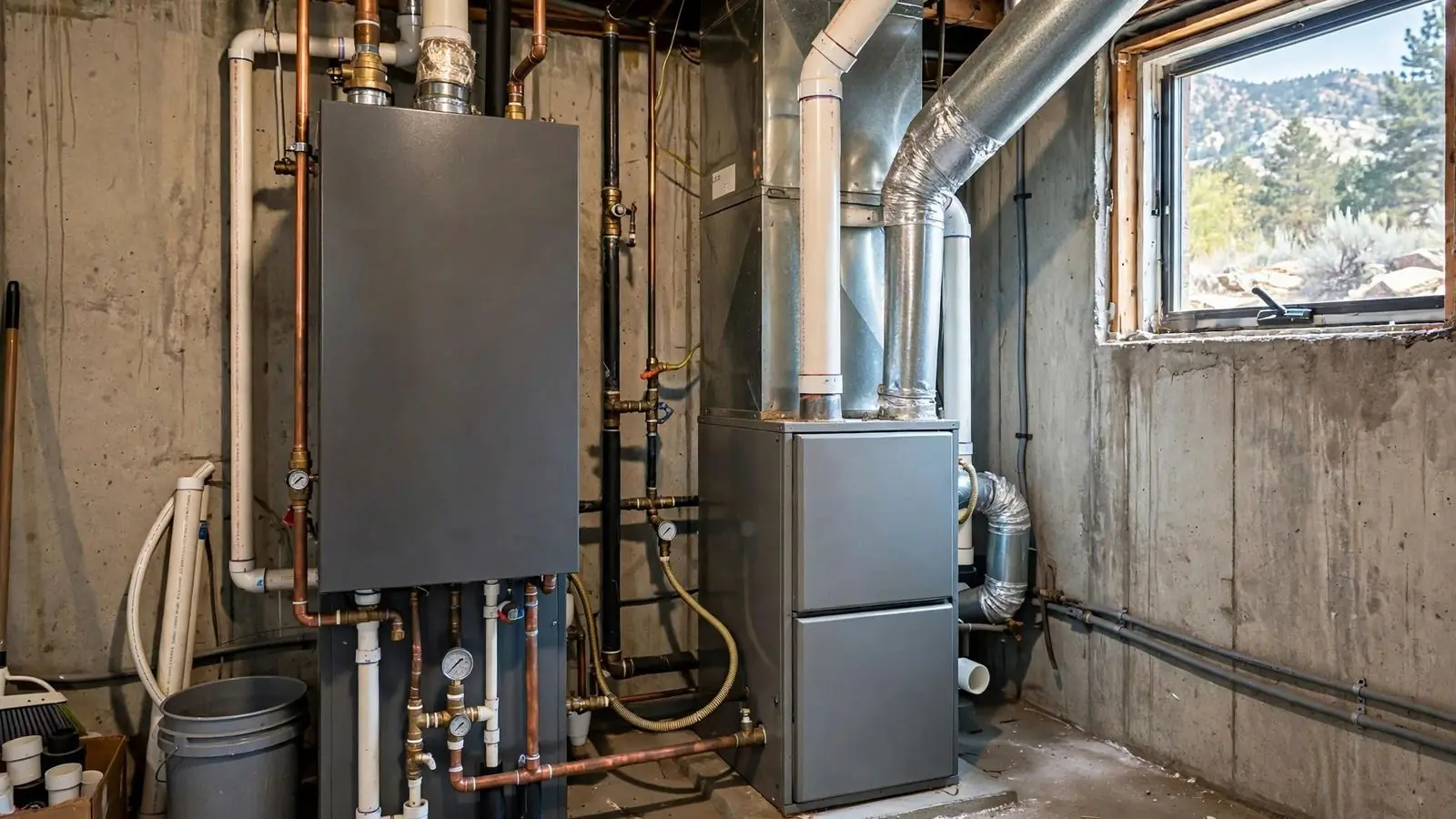 Wall mounted heater and furnace with copper piping in a basement mechanical corner