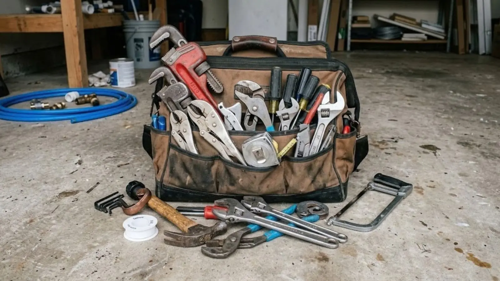 Plumber's canvas tool bag full of wrenches and pliers on a garage floor
