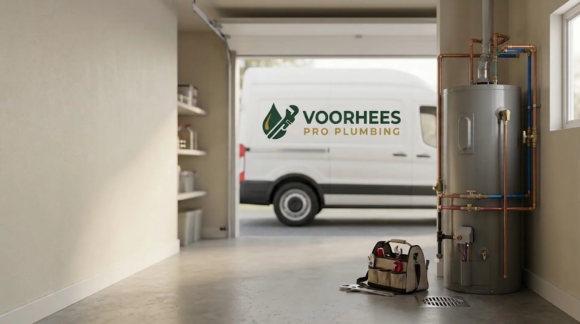 Clean utility space with a gray water heater, copper and PEX supply lines, floor drain and a plumber's tool bag, with a white service van parked outside