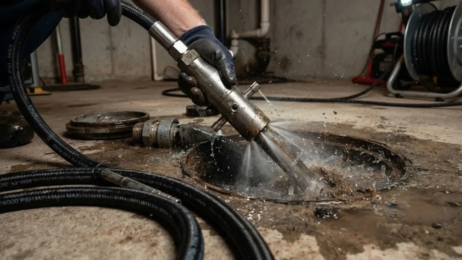 Gloved hand holding a high pressure jetting nozzle spraying into a basement drain opening