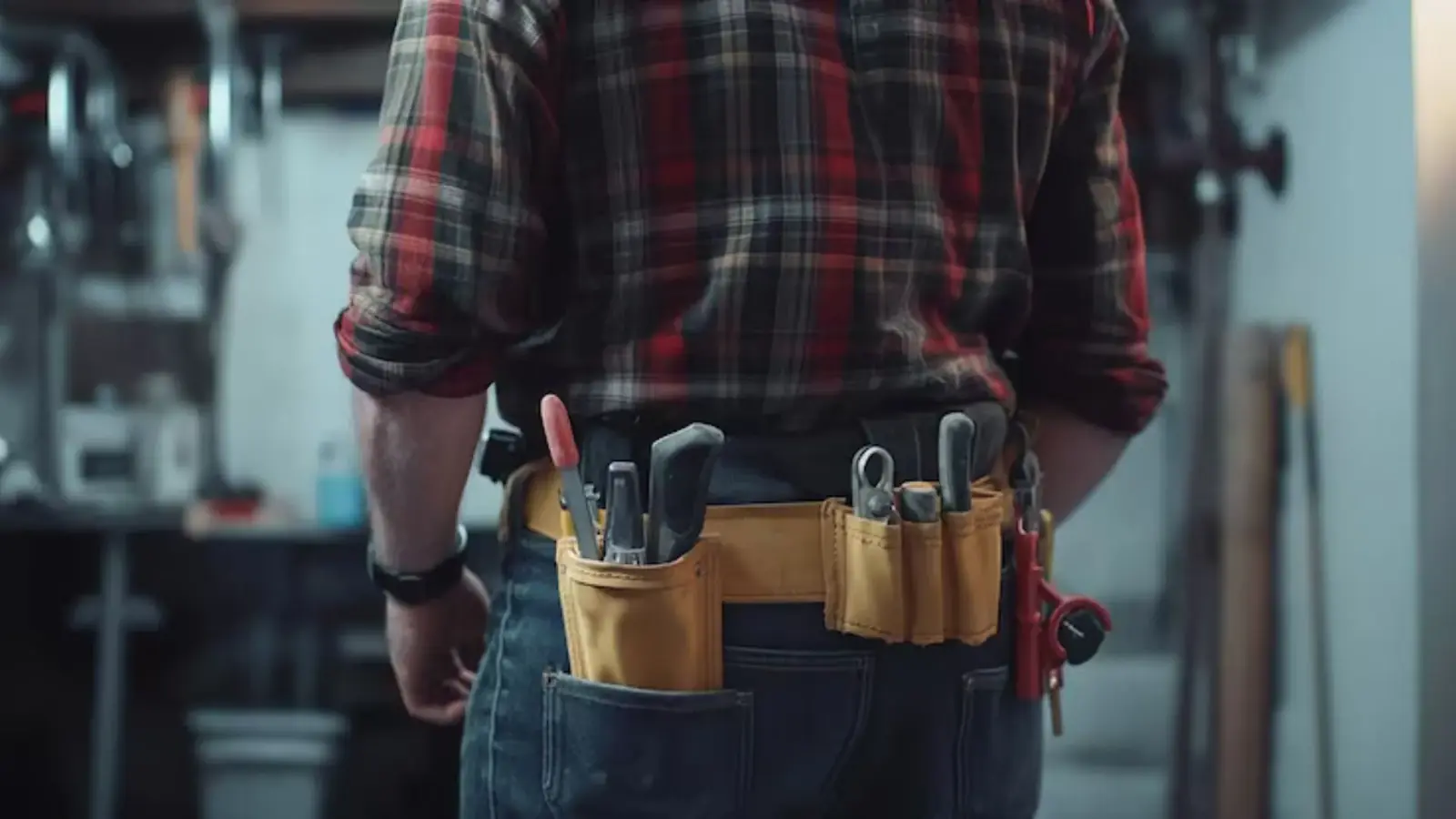 Plumber seen from behind wearing a tool belt in a utility room