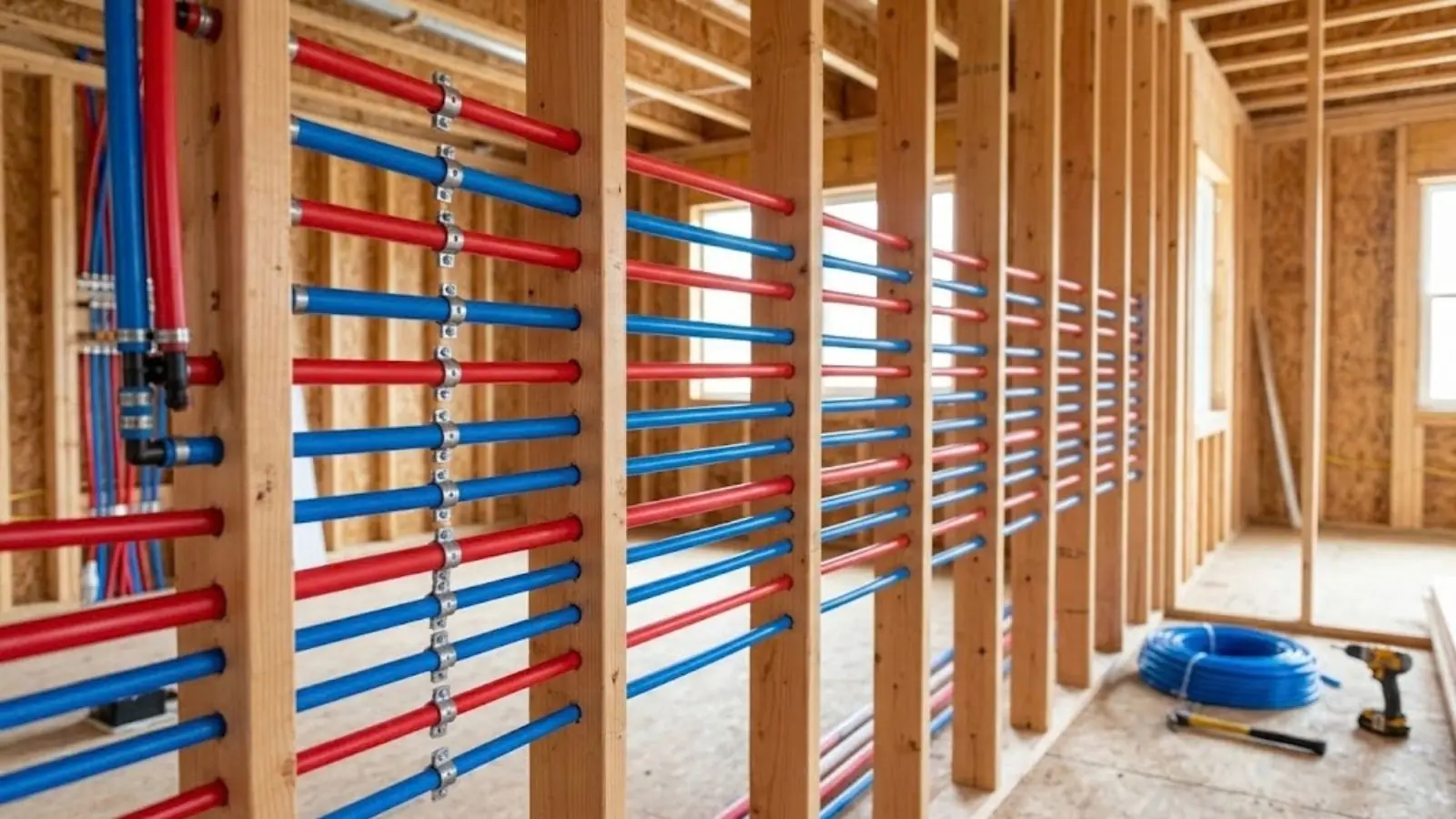 Red and blue PEX pipes run through wall studs in a home under construction