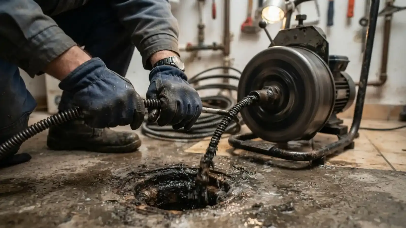 Gloved hands feeding a drain machine cable into a clogged floor drain