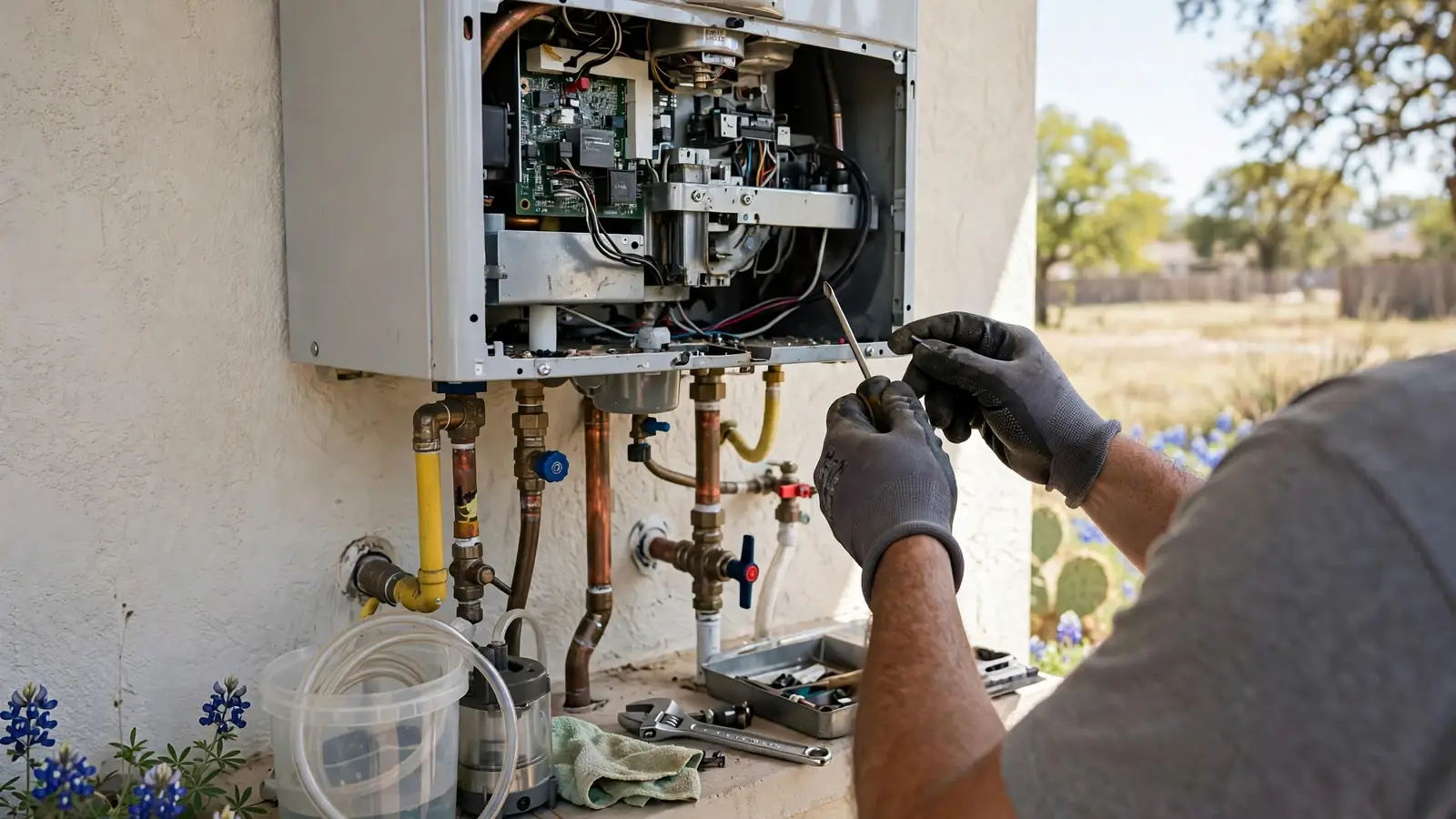 Gloved hands servicing an open wall mounted tankless water heater outdoors