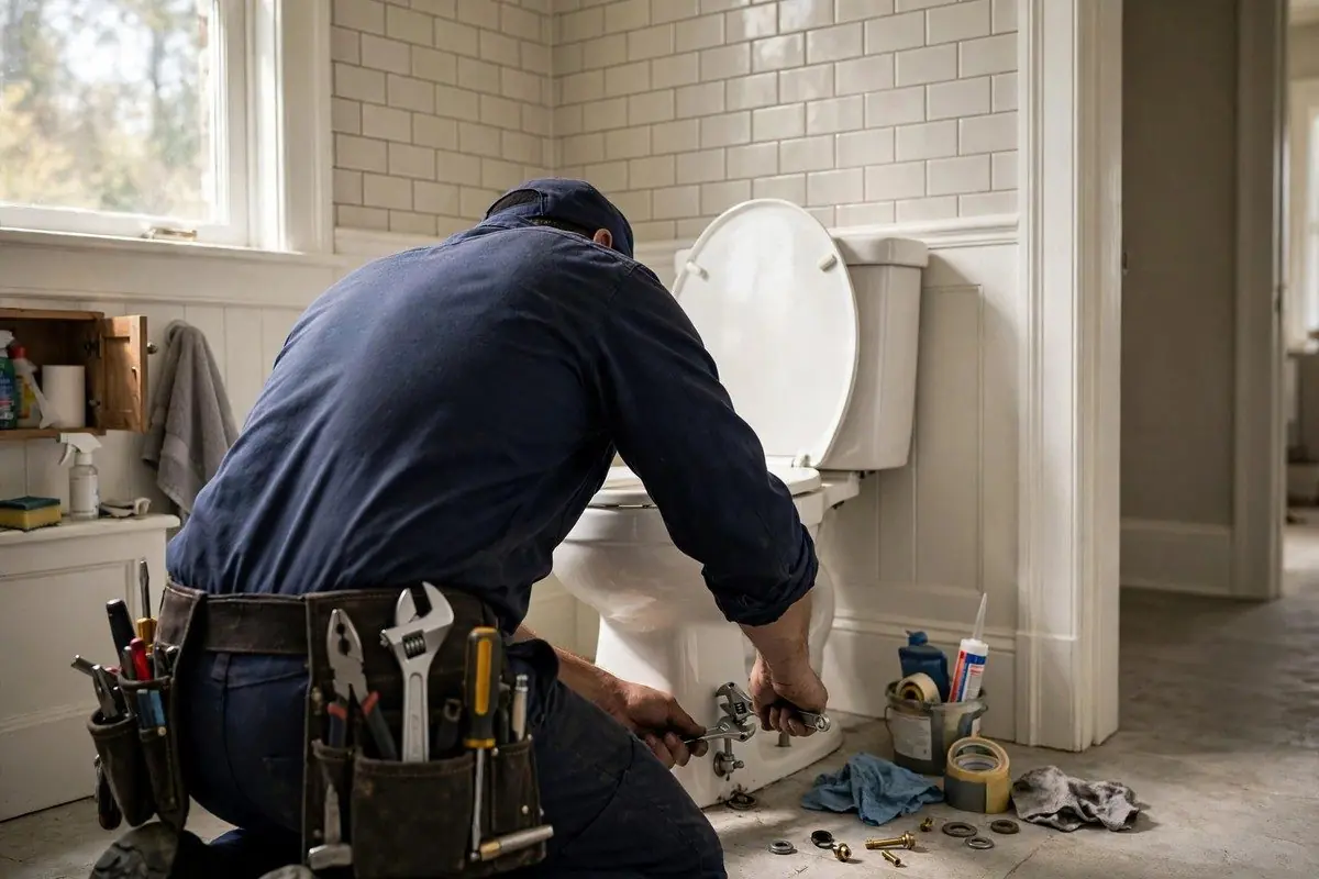 Plumber with a tool belt kneeling to repair a toilet in a bathroom
