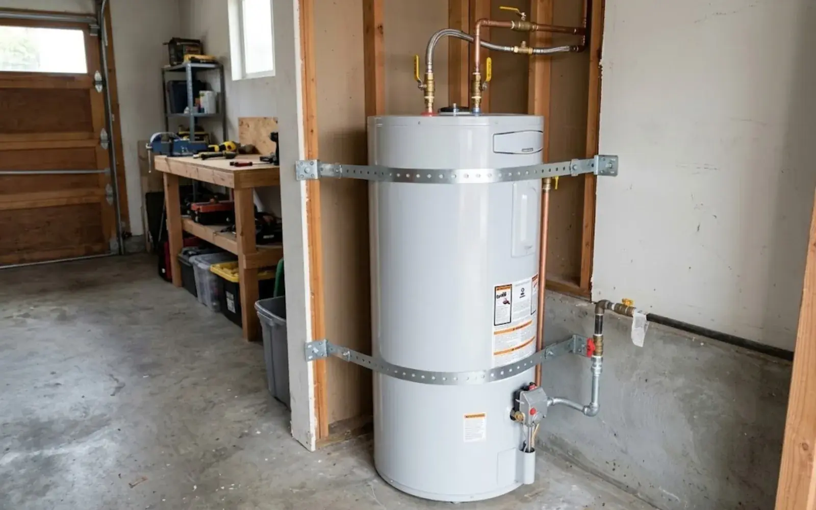 Newly installed water heater strapped to the wall in a garage with copper lines