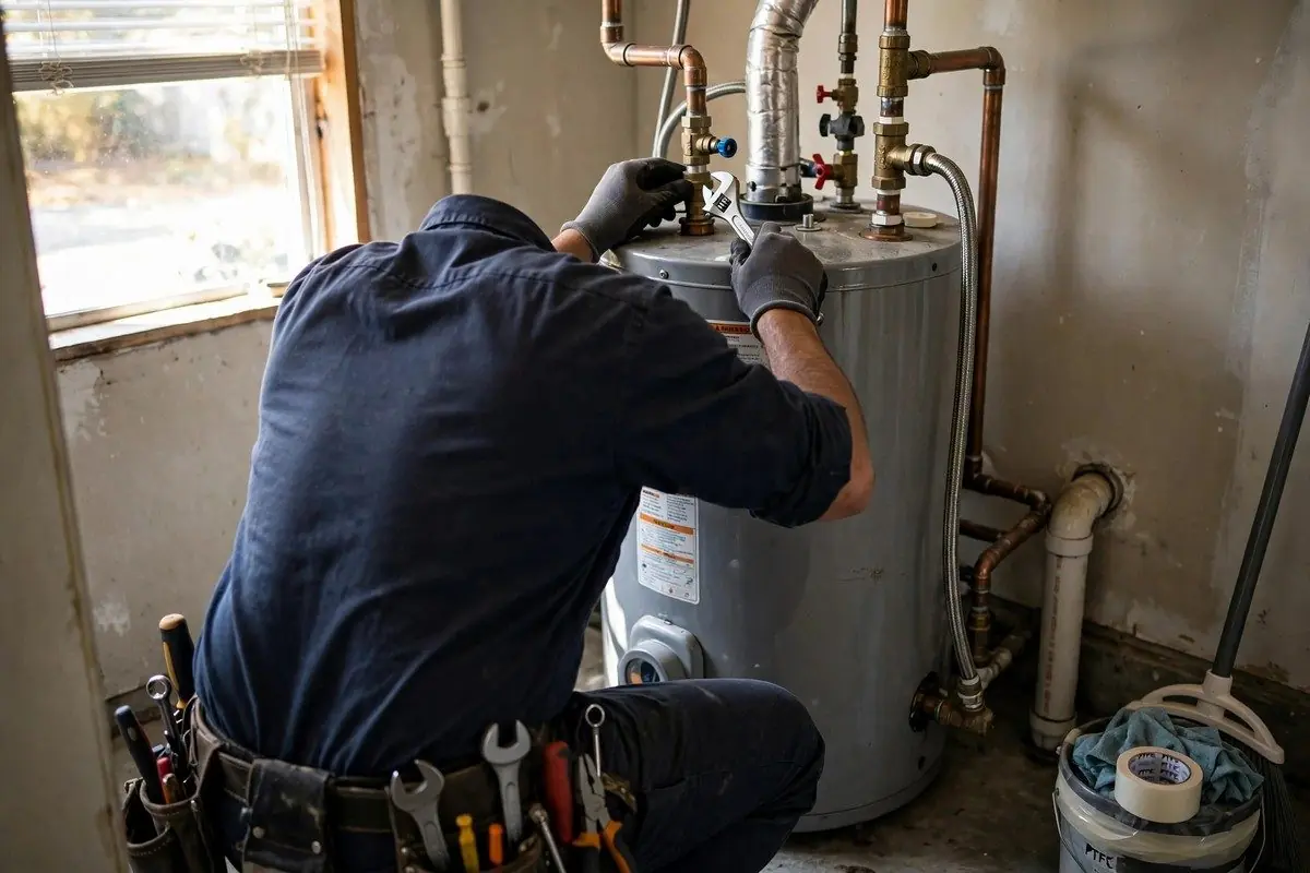 Technician in a navy uniform tightening a fitting on top of a water heater tank