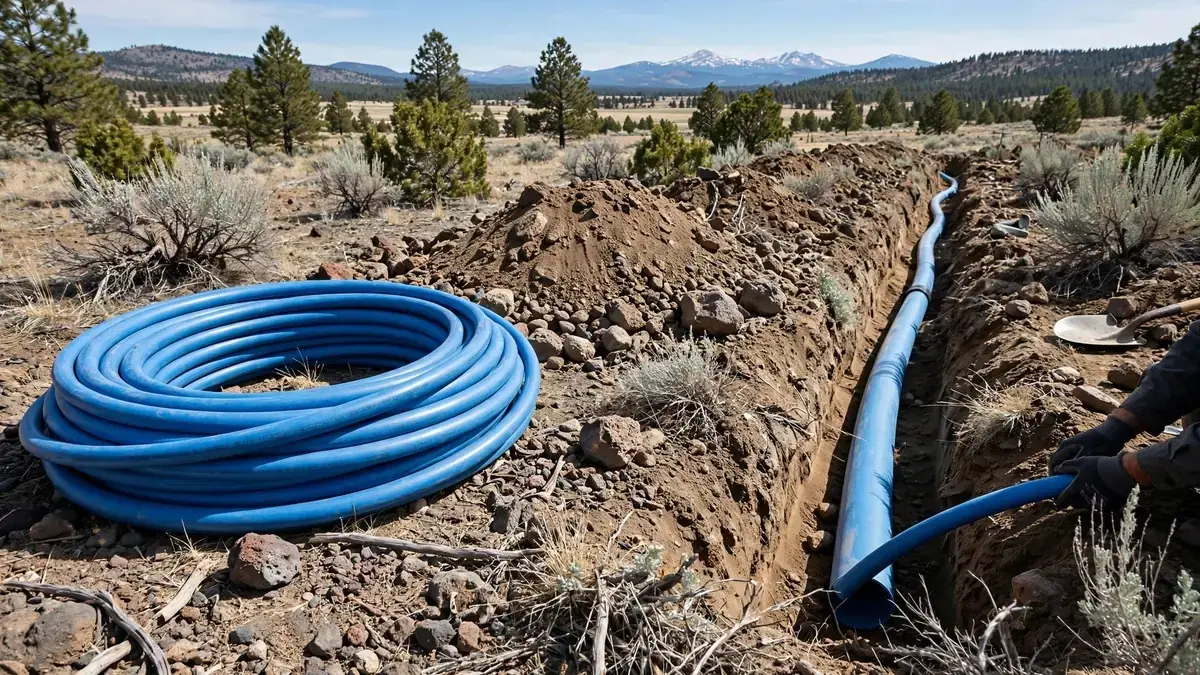 Blue water service pipe laid in an open trench with a coil of new pipe